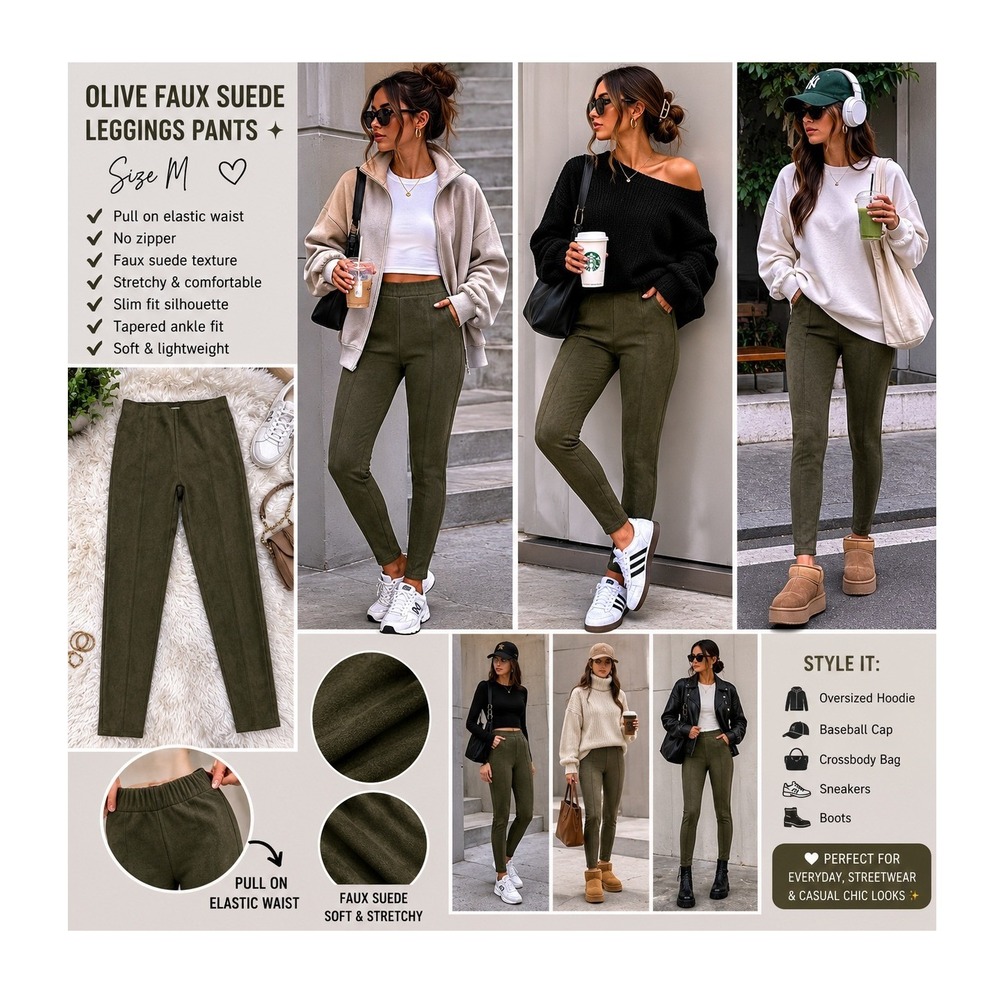 Bagatelle Collection Olive Green Faux Suede Leggings Pants Slim Fit Medium